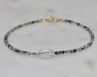 Rutilated Quartz And Quartz Bracelet, Handmade Gemstone Bracelet, Dainty Faceted Gemstone Bracelet