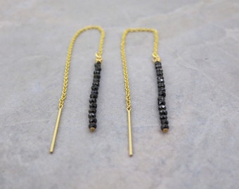 Black Spinel Threaders, Black Gemstone Threader Earrings , Black Dangle Earrings , Spinel Threaders ,Gold Threaders ,Silver Spinel Threaders