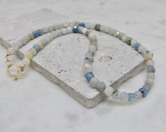 Aquamarine Gemstone Necklace, Aquamarine Beaded Necklace, Faceted Aquamarine Cube Bead Necklace, Handmade Aquamarine Gemstone Necklace