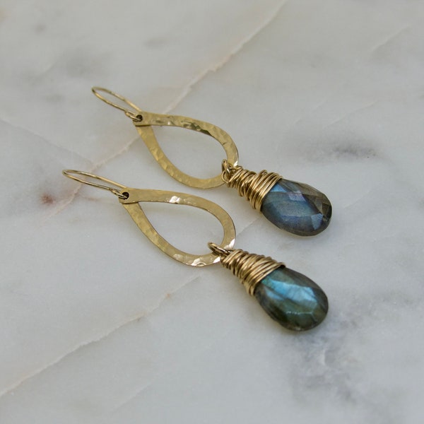 Hammered Gold Hoop Labradorite Gemstone Earrings, Wrapped Labradorite Gemstone Dangle Earrings