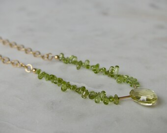 Peridot And Lemon Quartz Necklace, Peridot Gemstone And Gold Chain Necklace, Handmade Dainty Gemstone Necklace