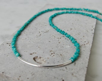 Natural Turquoise And Sterling Silver Necklace, Sterling Silver Bar Necklace, Handmade Turquoise Necklace