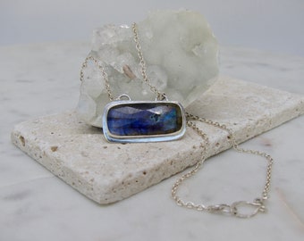 Labradorite Gemstone Pendant Necklace, Sterling Silver Bezel Set Labradorite Gemstone Necklace, Labradorite Silver Chain Necklace