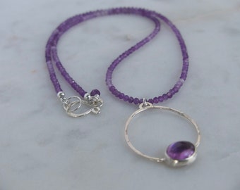 Dainty Ombre Amethyst Gemstone Hoop Necklace, Handmade Amethyst Gemstone And Sterling Silver Necklace, Natural Purple Gemstone Necklace