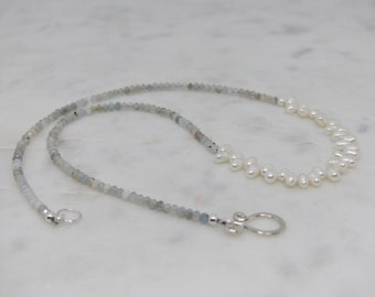 Freshwater Pearl And Aquamarine Gemstone Necklace, Handmade Freshwater Pearl Necklace, Gemstone And Pearl Necklace