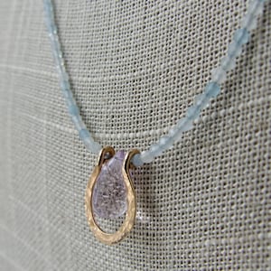 Aquamarine And Amethyst Gemstone Necklace, Handmade Amethyst And Aquamarine Gold Hoop Necklace, Dainty Gemstone Necklace