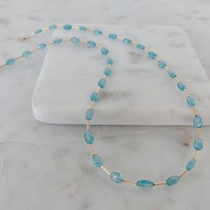Blue Apatite Necklace – Faceted Gemstone Beads with 14k Gold-Filled Tube Spacers and Handmade Hammered Clasp