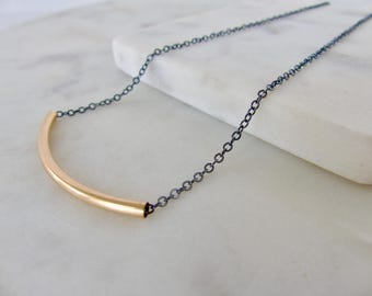 Dainty Minimalist Mixed Metal Oxidized Sterling Silver And 14 Karat Gold Filled Tube Necklace