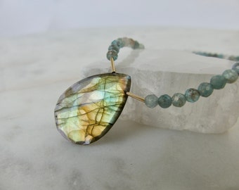 Labradorite Gemstone Necklace, Flashy Labradorite Pendant Necklace, Beaded Labradorite And Apatite Necklace, Labradorite And Gold Necklace