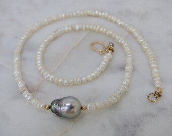 Tahitian Sea Pearl And Freshwater Pearl Necklace, Handmade Pearl Necklace, Freshwater Pearl, And 14 Karat Gold Filled Necklace