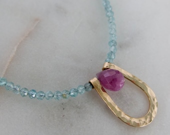 Apatite And Sapphire Gemstone Necklace, Handmade Sapphire Gold Hoop Necklace, Dainty Minimalist Gemstone Necklace