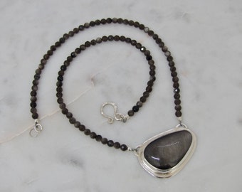 Silver Obsidian Pendant Necklace, Handmade Gemstone Pendant Necklace, Bezel Set Gemstone Pendant Necklace