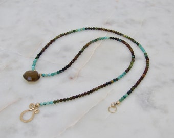 Dainty Ombre Turquoise And Whiskey Quartz Necklace, Handmade Turquoise And Bear Quartz Pendant Necklace, Turquoise And Gold Clasp Necklace