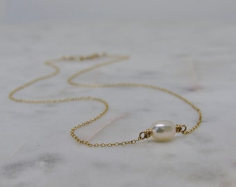 Dainty Freshwater Pearl And 14 Karat Gold Filled Chain Necklace, Handmade Pearl Chain Necklace, Tiny Pearl And Gold Chain Necklace