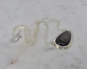 Black Obsidian Gemstone Necklace, Sterling Silver Cabochon Necklace, Black Gemstone Pendant Necklace, Sterling Silver Paper Clip Chain