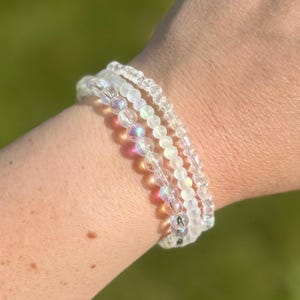 Iridescent Beaded Bracelet Set - Mermaid Glass Stretch Bracelets - Dainty Glow Bead Jewelry - Handmade Light Reflective Stack