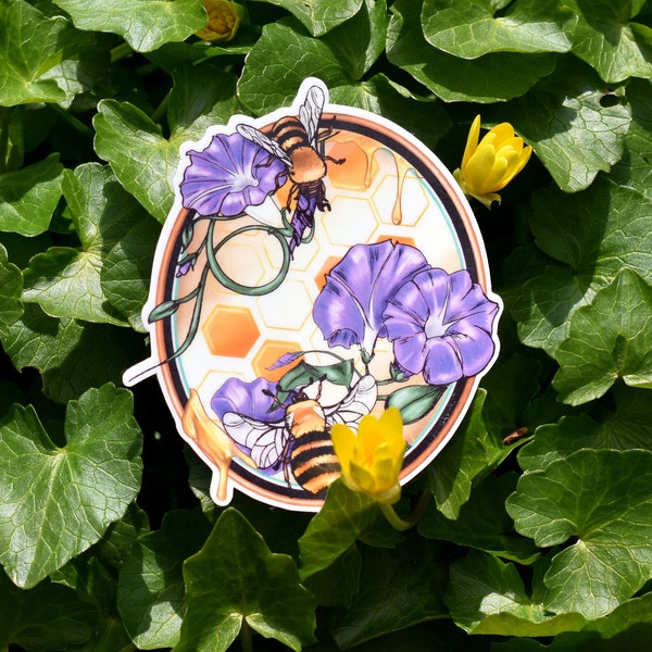 Bee Sticker, Art Nouveau Sticker, Colorful Bee and Morning Glory Sticker, Die-cut Vinyl, Holographic