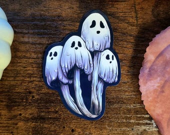 Naklejka z grzybem duchem, naklejka na Halloween, grzyb z atramentową czapką, uroczy duch, naklejka jesienna, wycinana naklejka winylowa, naklejka na butelkę z wodą