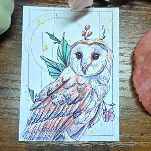 May include: A watercolor illustration of a barn owl with detailed feathers, perched on a branch with green leaves and small pink flowers. The owl is set against a backdrop of a white rectangle with a partial circle and gold accents.