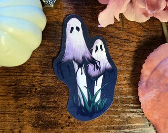 Naklejka z grzybem duchem, naklejka na Halloween, grzyb z atramentową czapką, uroczy duch, naklejka jesienna, wycinana naklejka winylowa, naklejka na butelkę z wodą