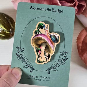 Snail and Mushroom Wooden Pin Badge | Adorable Snail | Water Drop Pin | Cute Mushies | Sustainable Gift | Fall Wooden Pin | Autumn Pin