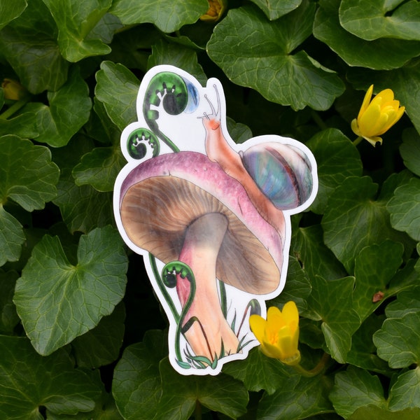 Snail and Mushroom Sticker, Water Drop Snail Sticker, Die-cut Vinyl Sticker, Waterbottle Sticker