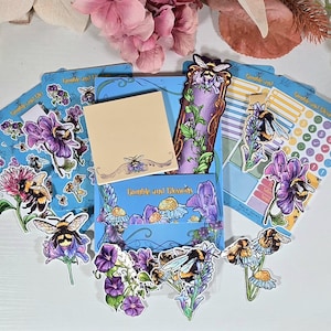 Komplett paket med Bumble & Blossoms | Naturinspirerade klistermärken med blommigt bi | Bokmärken | Anteckningsblock och kalenderklistermärken | Stansade vinylklistermärken