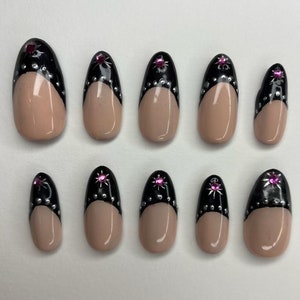Black French Tip Press On Nails: Gem & Silver Accent, Handmade