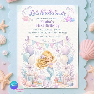 Let’s Shellabrate Editable Birthday Invitation, Mermaid Birthday Invite Girl, Watercolor Under the Sea Ocean Party Evite (Canva Template)