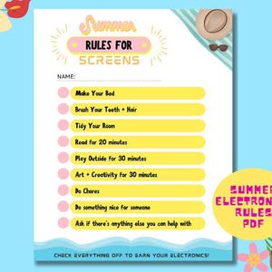 Summer Screen Time Electronics Rules Checklist, Kids Summer Routine, Chores Tracker, Kids Daily Activities Checklist, Instant Download PDF