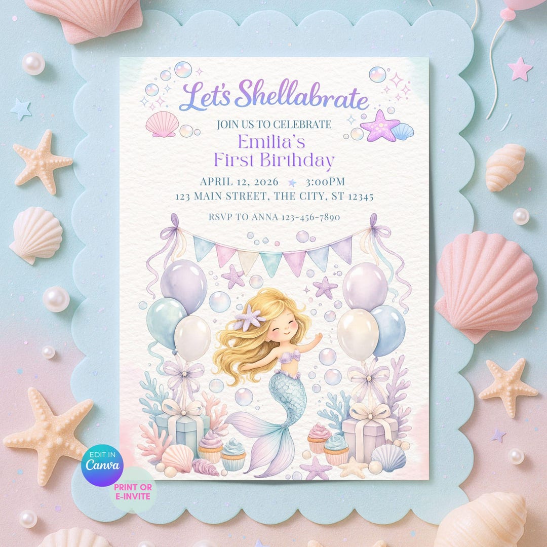 Let’s Shellabrate Editable Birthday Invitation, Mermaid Birthday Invite ...