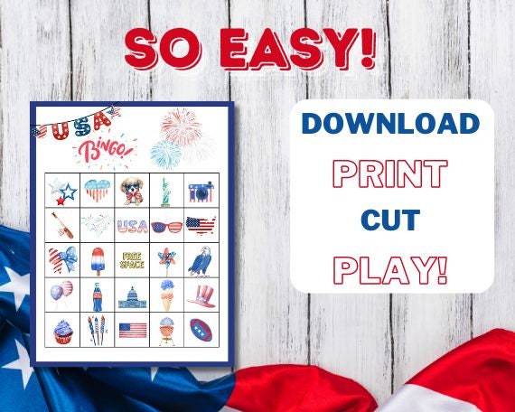 Patriotic America USA Bingo Birthday Party Game, Fourth of July ...