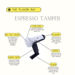 May include: A white and black espresso tamper with a stand, a plunger, and vents. The tamper has a handle with a comfortable grip and a flat surface with six small ports. The text "WDT Tool Inside" is written on the tamper. The text "Food Safe" is written on the tamper. The text "Plunger" is written on the tamper. The text "Vents" is written on the tamper. The text "Stand" is written on the tamper. The text "Handy Grip" is written on the tamper.