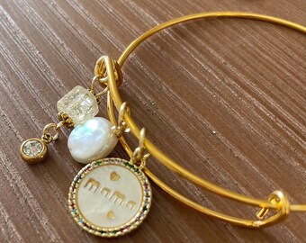 Mothers Day Gold Charm Bracelet with Mama pendant surrounded by multi colored rhinestones,pearl pendant and cubic zirconia charm.