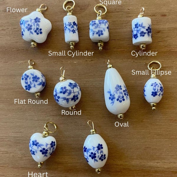 2 pcs Blue Floral Ceramic Charms: Gold Wire DIY Jewelry Pendants