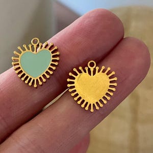 Gold Plated Sunburst Heart Charm: Blue Enamel Pendant (14.5x14MM)