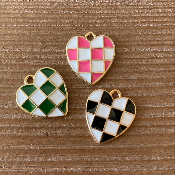 Checkered Heart shiny Gold charm,Alloy Heart Charm for Necklace,Heart Charm for Bracelet,Charm Pendant for Jewelry, Charms for DIY,charms