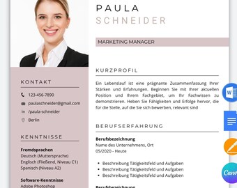 Application template German resume Word Google Docs Bewerbung Cv Pages Canva student resume creative cover letter tabular modern pink intern