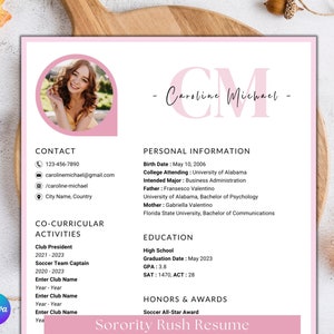 Currículum de hermandad de mujeres con foto, CV de hermandad rosa Canva, CV de reclutamiento de hermandad, CV de hermandad universitaria, Carta de presentación de hermandad
