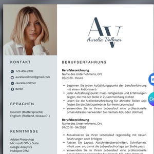 Könnte beinhalten: Ein Lebenslauf-Template mit einem Foto einer Frau, Kontaktinformationen, Berufserfahrung, Fähigkeiten und Sprachen. Der Lebenslauf ist in Deutsch und Englisch.