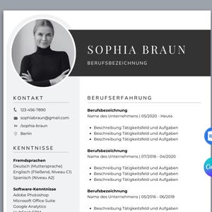 May include: A black and white CV template with the name Sophia Braun and the title Berufsbezeichnung. The CV includes contact information, skills, and work experience.