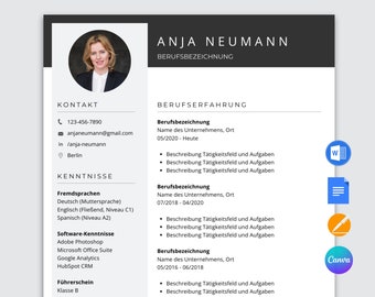 Lebenslauf Vollage Deutsch Word、Google Docs、Pages、Canva、Bewerbungsvorlage Moderne Bewerbung アプリケーション テンプレート ドイツ語履歴書