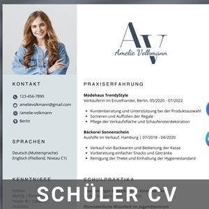 Könnte beinhalten: Eine Lebenslaufvorlage mit einem Foto einer Frau, dem Text "Amelie Volkmann" und dem Titel "SCHÜLER CV". Der Lebenslauf enthält Abschnitte für Kontaktinformationen, Sprachen, Fähigkeiten, Berufserfahrung und Ausbildung.