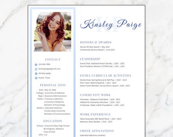 Blue Sorority Resume Template with photo, Personalized Rush Pack, Canva Sorority Resume, Unique social Cv design, Editable Cover Letter