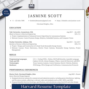 May include: A resume for Jasmine Scott, an electrical engineer with experience in power systems, renewable energy, and control systems. The resume highlights her education from Yale University and Purdue University, as well as her work experience at Electra Tech.