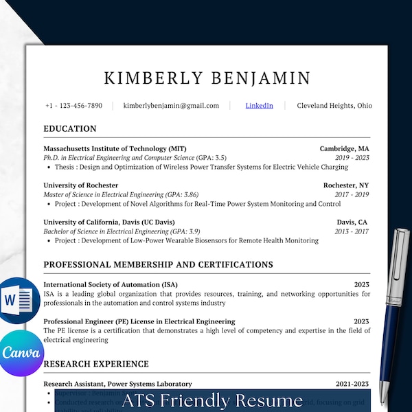 Academic CV Template, Word, Canva, Resume Template for Grad School, Masters, PhD in USA, Canada, ATS Resume for students, Cover letter, tips