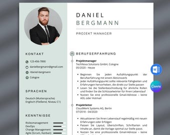 Moderne grüne Lebenslaufvorlage: Deutsches Anschreiben, Tabellarischer Lebenslauf (Word, Canva)