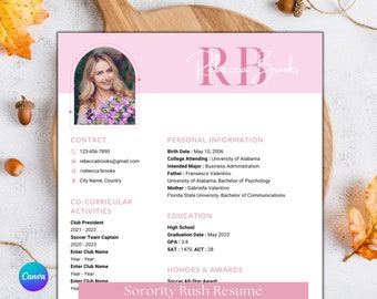 Sorority Rush Resume Template with Cover Letter (Canva)