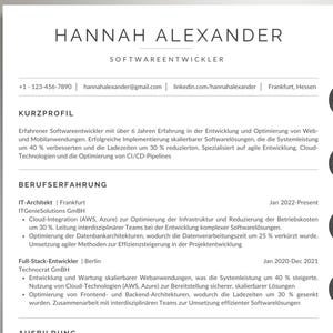 May include: A black and white resume with the name Hannah Alexander and the title Softwareentwickler. The resume includes contact information, a brief professional summary, and work experience as an IT Architect and Full-Stack Developer.
