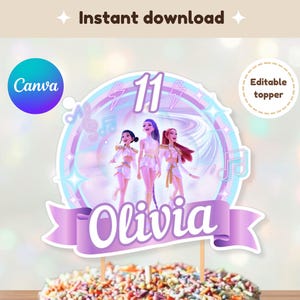 Puede incluir: Una tarta de cumpleaños con un adorno decorativo que presenta tres figuras, el número 11 y el nombre "Olivia". El adorno está rodeado de notas musicales y una cinta morada. La tarta está cubierta de chispas de colores.